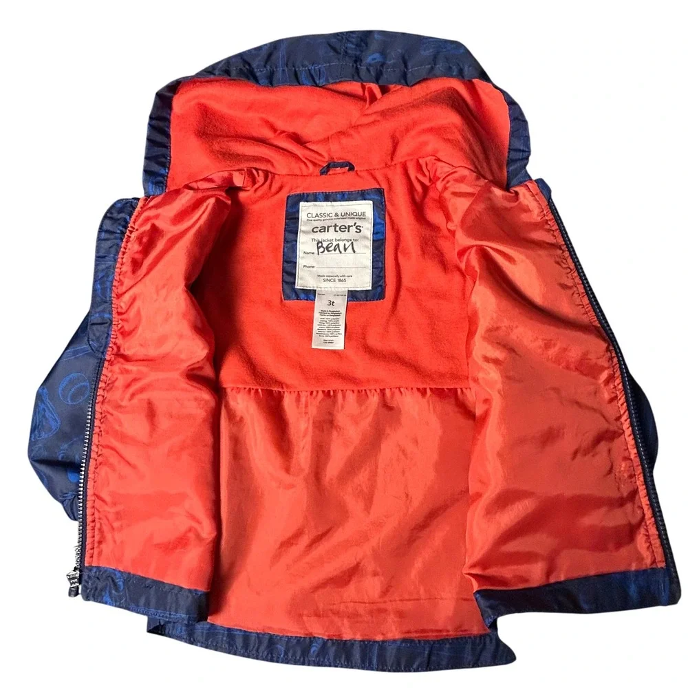 Carter's 3T Baseball Print Hooded Jacket –‎ Small Sleeve Tear